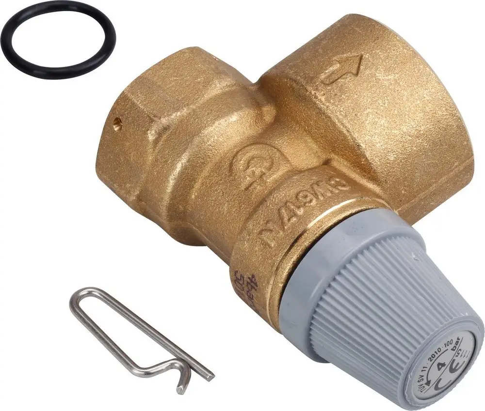 Sicherheitsventil in Bronze mit grauem Einstellkopf und O-Ring, dazu eine Sicherungsklammer. Produkt von Bosch, geeignet für Anwendungen bis 4 bar.